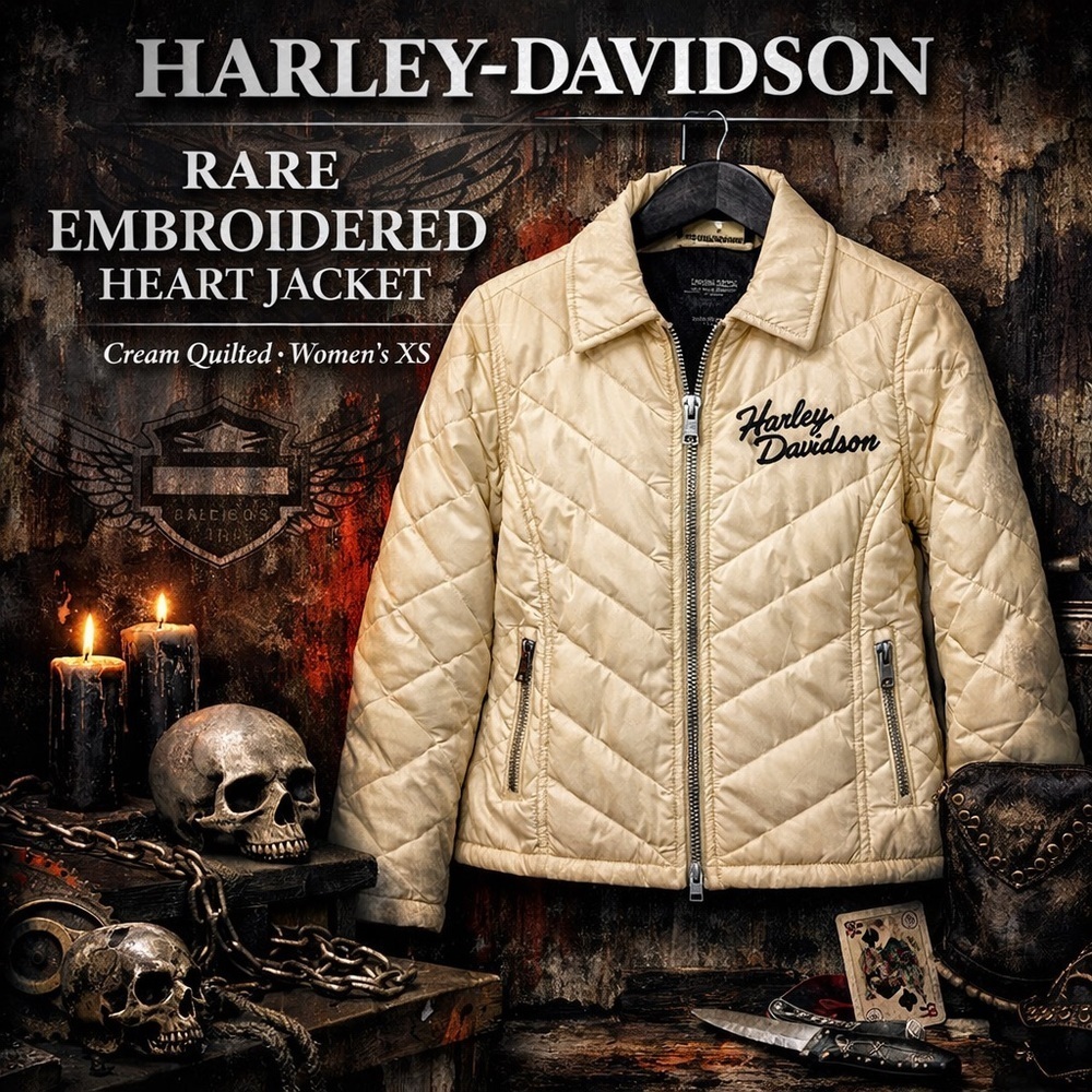 🏍️ Harley-Davidson Women’s Cream Quilted Jacket XS – Embroidered Heart Back